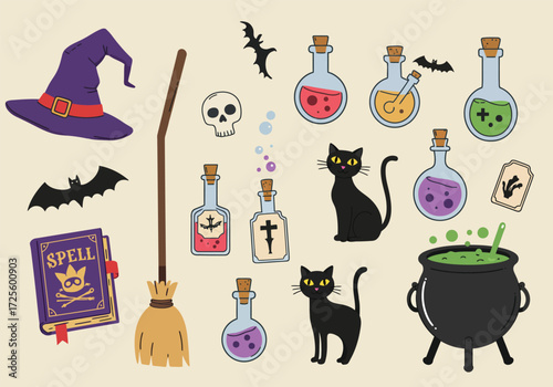 Vector art of a whimsical Halloween scene featuring a witches' hat, black cats, a bat, a pumpkin, potion bottles, spellbooks, a cauldron, a broom, scissors, and a ghost, all set against a clean white 