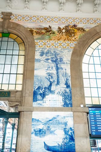 Porto, Portugal, May 18 2025: Historic Sao Bento Railway Station in Porto with Blue Azulejo Tile Murals and Architecture