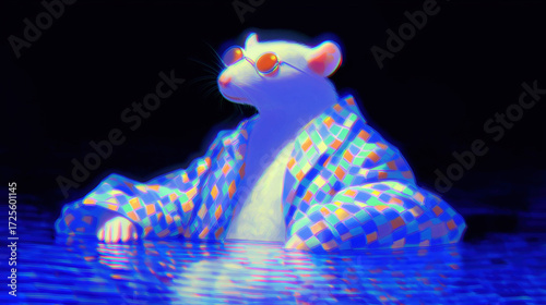 cool white rat in a robe sitting in water, chinese horoscope animal symbol of the year
