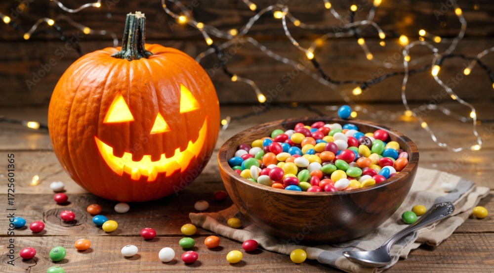 Naklejka premium Halloween Candy Bowl with Pumpkin Lantern
