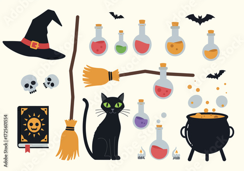 Vector art of a whimsical Halloween scene featuring a witches' hat, black cats, a bat, a pumpkin, potion bottles, spellbooks, a cauldron, a broom, scissors, and a ghost, all set against a clean white 