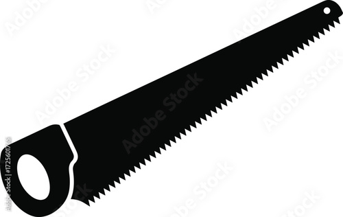 Black silhouette of a hand saw with a wooden handle on white background Keywords: saw, hand saw