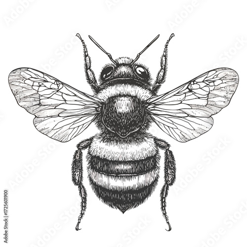 Vector illustration of a black wasp and a honey bee, detailed macro insect nature drawing on a white background