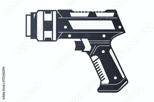 Dark futuristic pistol silhouette stands isolated against a white backdrop exhibiting a sleek, modern form