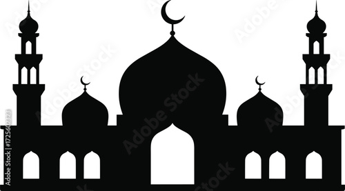 Black silhouette of a mosque with domes and minarets on a white background islam islamic