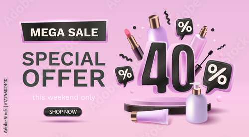 Special offer, mega sale, 40 percent off cosmetics, banner market advertising. Vector illustration