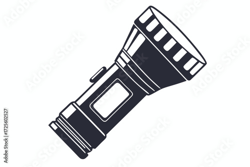 Dark gray flashlight with white details angled on a pure white background