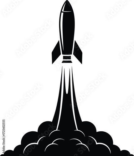 Black silhouette of a rocket launching with smoke and fire blast boost