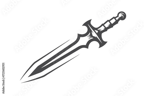 Dark gray stylized sword drawing is positioned diagonally on white background