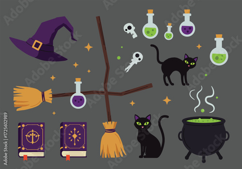 Vector art of a whimsical Halloween scene featuring a witches' hat, black cats, a bat, a pumpkin, potion bottles, spellbooks, a cauldron, a broom, scissors, and a ghost, all set against a clean white 