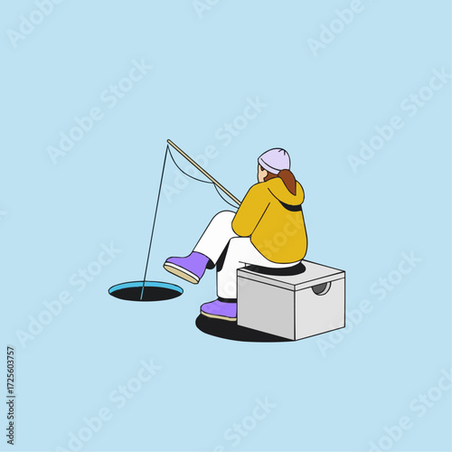 Enjoy quiet winter moments ice fishing, woman sitting and waiting for a catch, embracing outdoor recreation and the peaceful solitude of nature