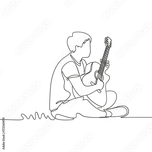 Minimalist line art of a person playing guitar sitting down