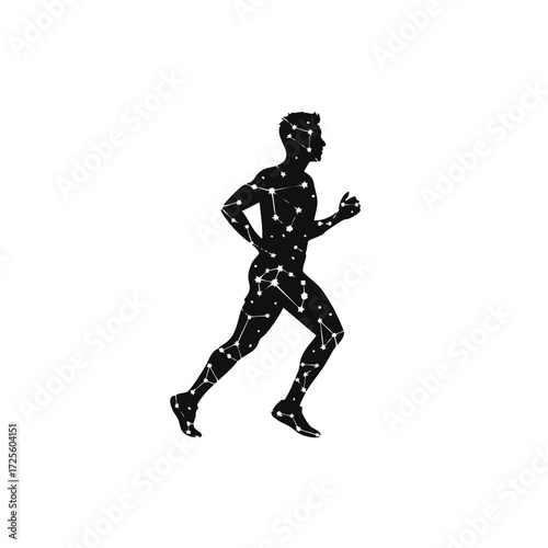 A dynamic silhouette of a runner composed of interconnected stars and constellations in a minimalist style.