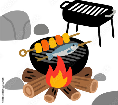 Cartoon Campfire Grill with Fish and Skewers – Outdoor Cooking