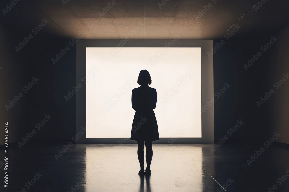 Obraz premium Businesswoman silhouette looking at bright light panel in dark minimalist room, concept of business vision, future and innovation