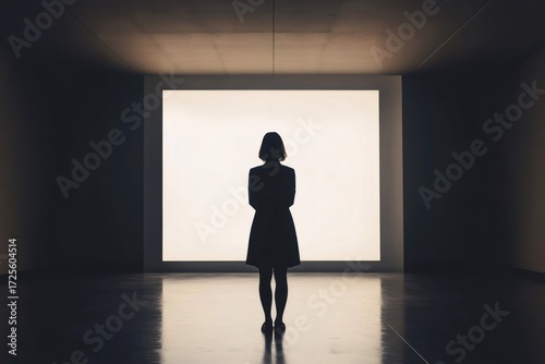 Wallpaper Mural Businesswoman silhouette looking at bright light panel in dark minimalist room, concept of business vision, future and innovation Torontodigital.ca