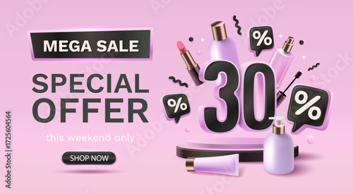 Special offer, mega sale, 30 percent off cosmetics, banner market advertising. Vector illustration