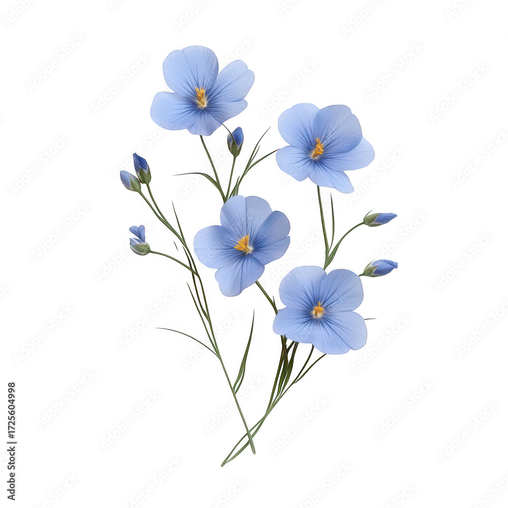Fototapeta premium A delicate arrangement of blue flax flowers with soft petals and green stems. elegantly positioned on a clean white background. perfect for nature-themed designs and floral decorations