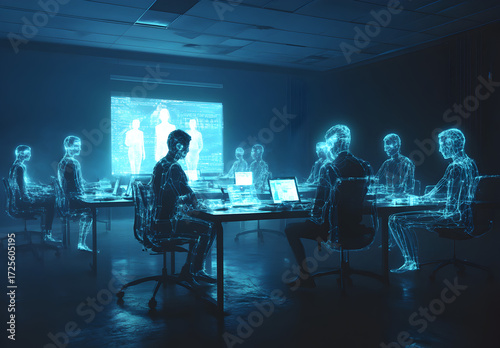 A virtual reality scene of holographic people sitting at desks in an office, interacting with digital devices and each other through their AI forms.