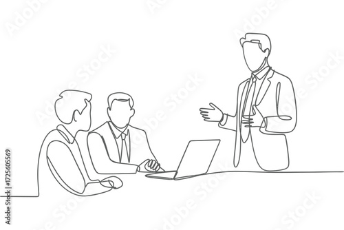 Business meeting presentation with laptop and discussion