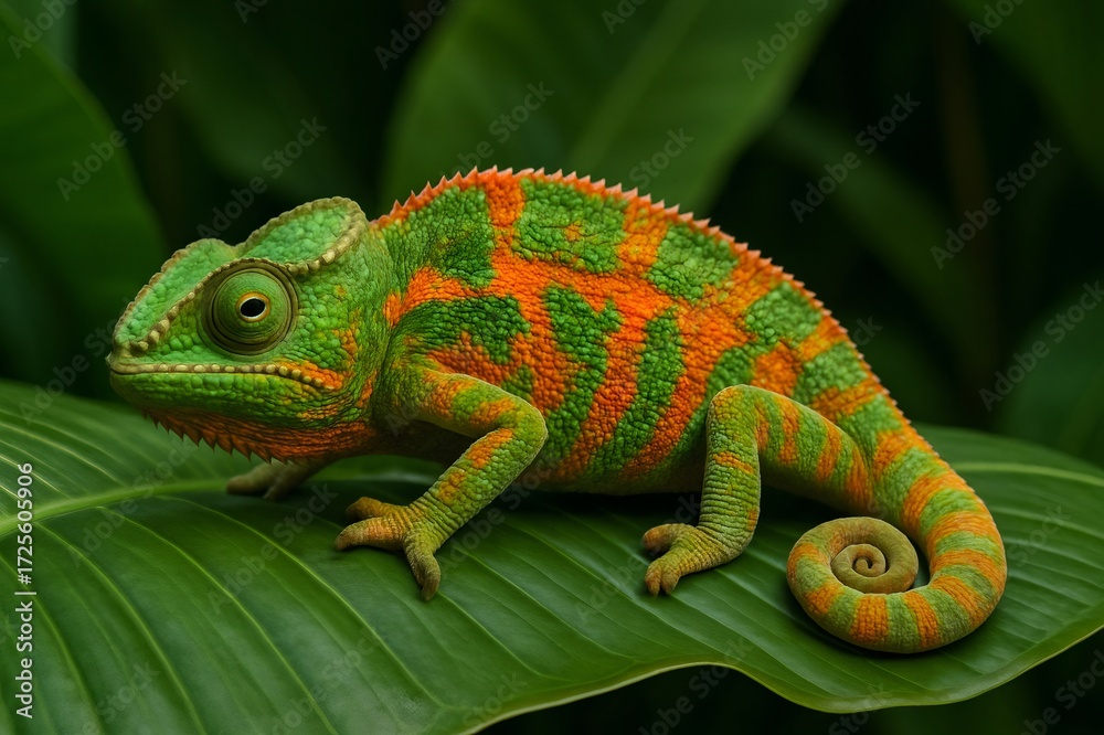 Fototapeta premium Colorful orange and green chameleon perched on a large green leaf, blending seamlessly into the vibrant rainforest environment