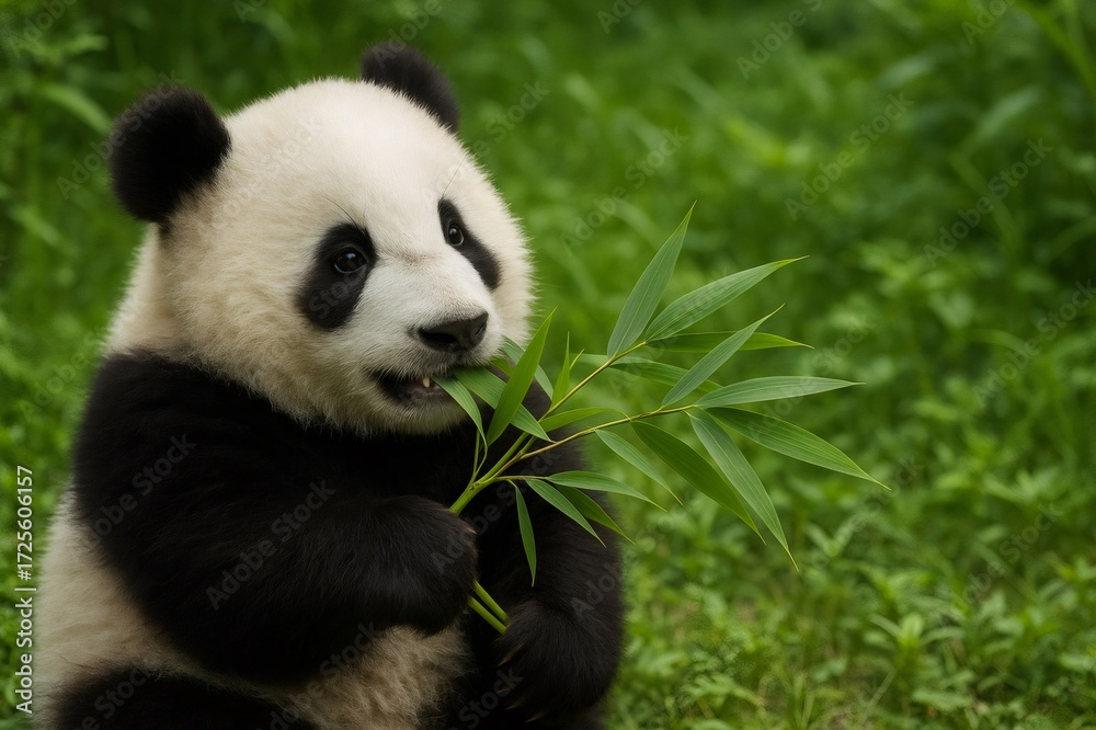 Fototapeta premium Cute baby panda happily munching on bamboo leaves, showcasing the beauty and tranquility of its natural habitat
