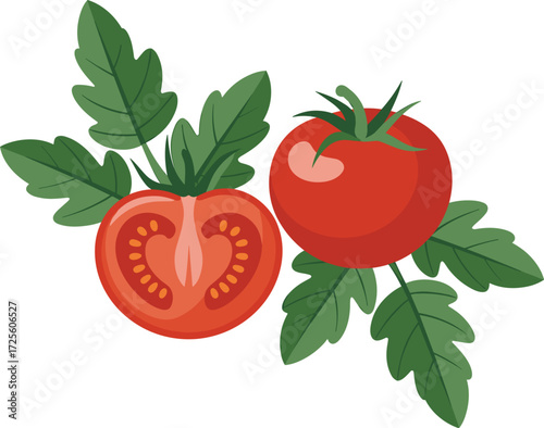Whole and Halved Red Tomato with Green Leaves vegetable produce