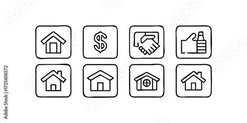 Real Estate minimal thin line web icon set. Included the icons as realty, property, mortgage, home loan and more. Outline icons collection. Simple vector.