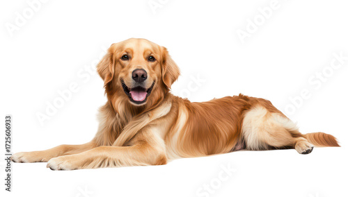 A cheerful golden retriever lying on a clean white background. its shiny coat and friendly expression. perfect for pet-related content or advertising