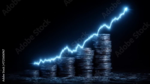 Stacks of Coins with Rising Blue Electrical Line on Black Background Representing Growth Investment and Financial Success in Economy