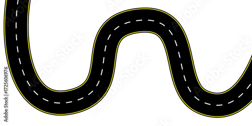 Top view vector illustration of a curved two lane street with dashed markings winding path and asphalt surface ideal for travel map icons highway graphics route planning and empty roadway