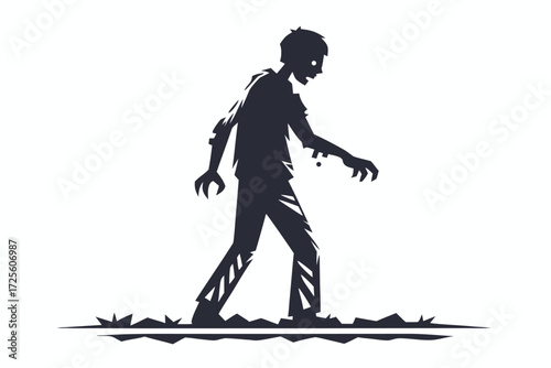 Dark silhouette shows a zombie walking across the land with arms stretched forward slowly