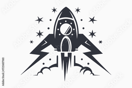 Dark stylized rocketship takes flight surrounded by stars and space dust