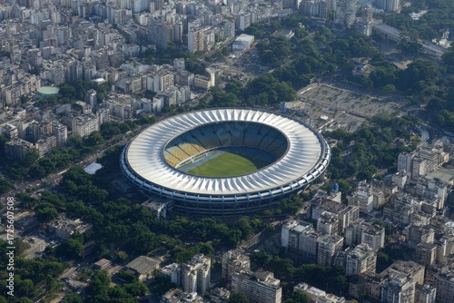 Aerial view of a large stadium surrounded by buildings and trees