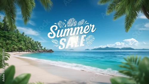 Summer Sale on Sandy Beach with Turquoise Ocean and Palm Trees Under a Clear Blue Sky on a Tropical Island for Vacation and Travel