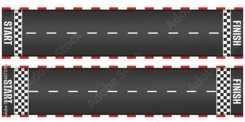 Top view of straight race track roadway with start and finish line white grid pattern on asphalt for auto rally motor sport competition vector illustration of speedway background