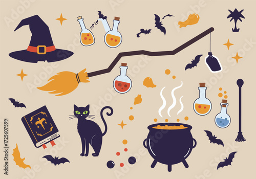 Vector art of a whimsical Halloween scene featuring a witches' hat, black cats, a bat, a pumpkin, potion bottles, spellbooks, a cauldron, a broom, scissors, and a ghost, all set against a clean white 