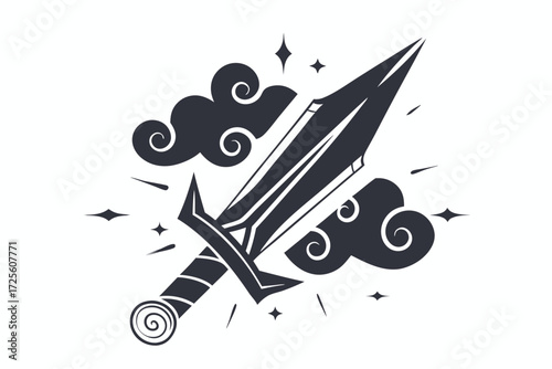 Decorative sword with clouds and stars creates whimsical design