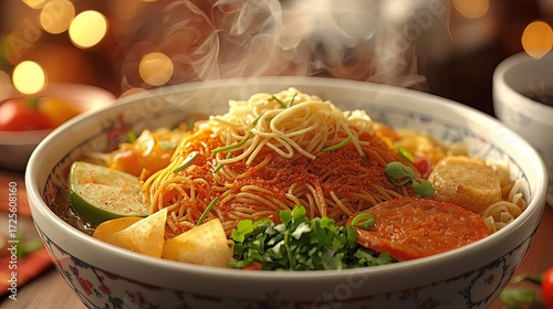Close-Up of Steaming Hot Noodles with Red Sauce and Citrus Garnish