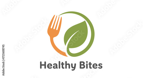 Modern logo symbolizing organic vegan food with fork and leaf, perfect for health food brands and restaurants, conveying freshness and natural ingredients