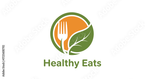 Modern healthy food logo design for restaurants, food delivery, organic food stores, and recipe blogs with a fork and leaf, promoting freshness and healthy eating