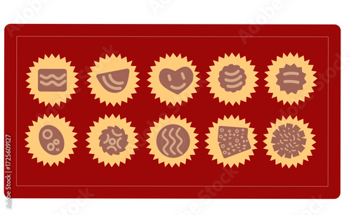 Vector illustration of a chocolate praline box. The top box shows assorted chocolates with different shapes and decorations, while the bottom box is empty with only round placeholders