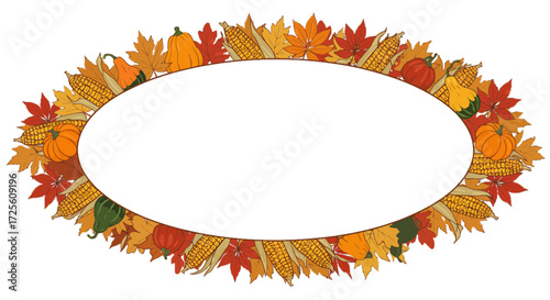 Autumn frame with corn pumpkins and leaves decorative arrangement thanksgiving harvest