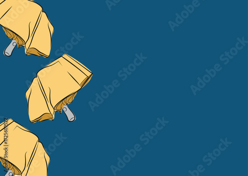 poster of yellow rain umbrellas in a half-closed, open state in line art style on a blue background, for advertising, coupons or other types of printing