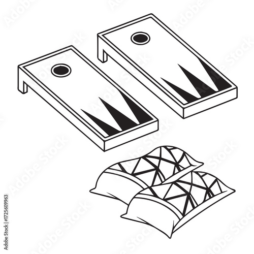 A black and white illustration of two cornhole boards and beanbags, ready for a game, isolated on white background the minimalist design highlights the essential elements of the popular lawn game