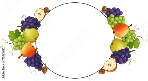 Fruit frame watercolor style grapes pears apples nuts autumn harvest season decorative border