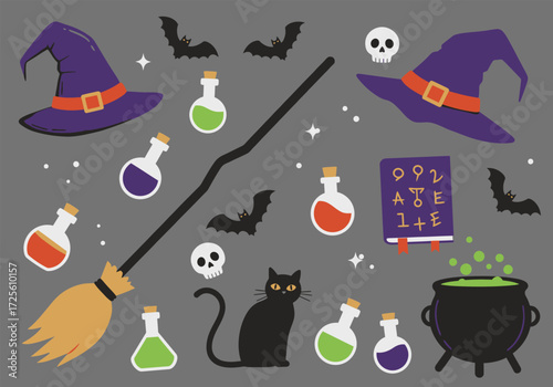 Vector art of a whimsical Halloween scene featuring a witches' hat, black cats, a bat, a pumpkin, potion bottles, spellbooks, a cauldron, a broom, scissors, and a ghost, all set against a clean white 