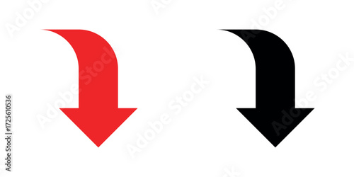 Simple curved downward arrows, red and black on a white background. Direction symbol. Arrow symbol for app, UI, web. Icon vector illustration design.