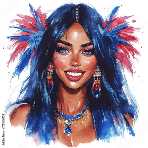 Tenerife Carnival Queen, watercolor illustration vector, isolated on a white background.