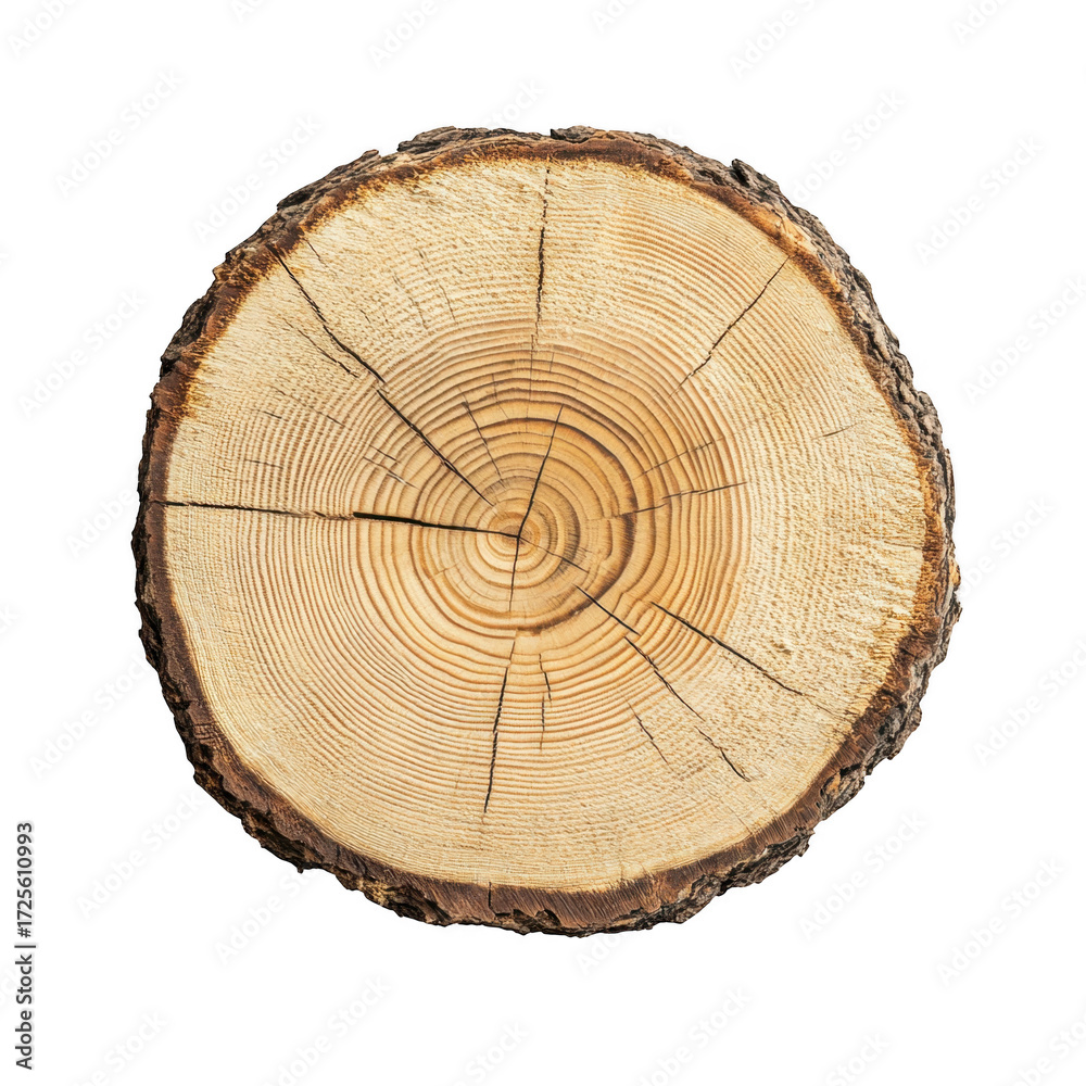 Obraz premium A close-up view of a natural wooden tree trunk slice its intricate growth rings and texture. isolated on a white background. ideal for nature-themed designs or organic product promotions